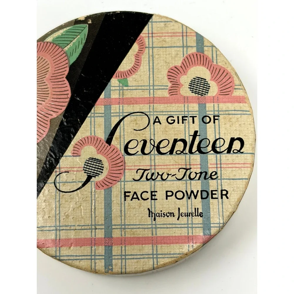 Vintage 1930's Maison Jeurelle Seventeen Two Tone Face Powder Box Plaid Floral